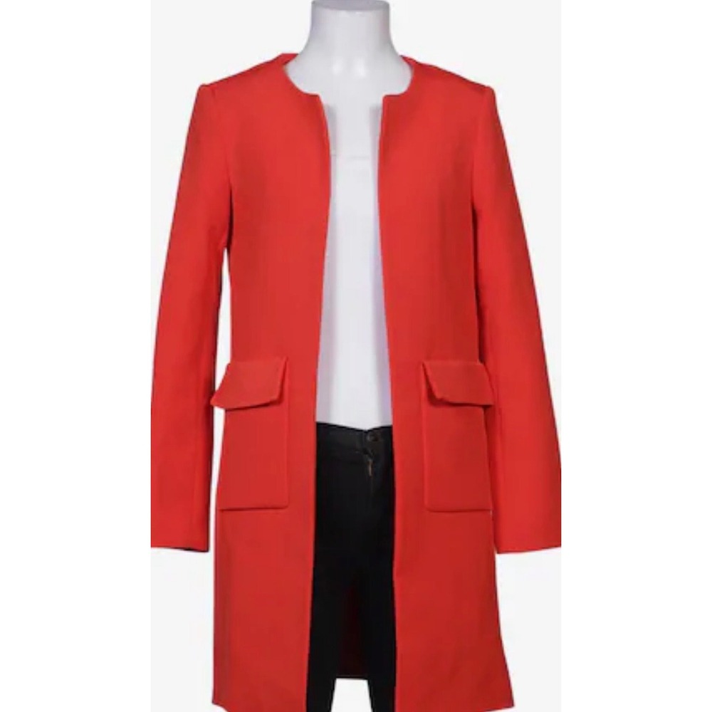HM Womens Red Orange Longline Open Front Collarless Blazer Jacket Size 10